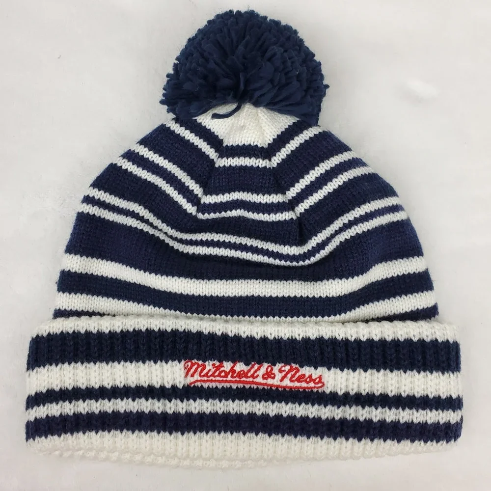 New York Rangers Mitchell & Ness NHL Cuff Knit Beanie Pom Hat Cap Navy White New